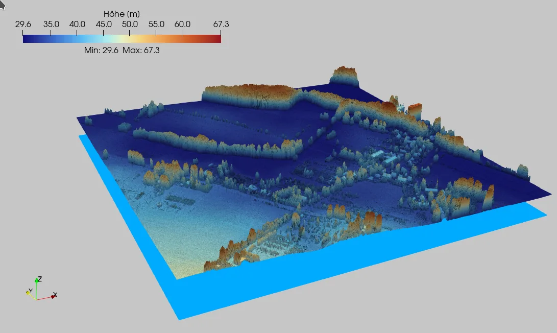 GIS-basierte Flächensuche: 3D-Ansicht eines Digitalen Oberflächenmodells.