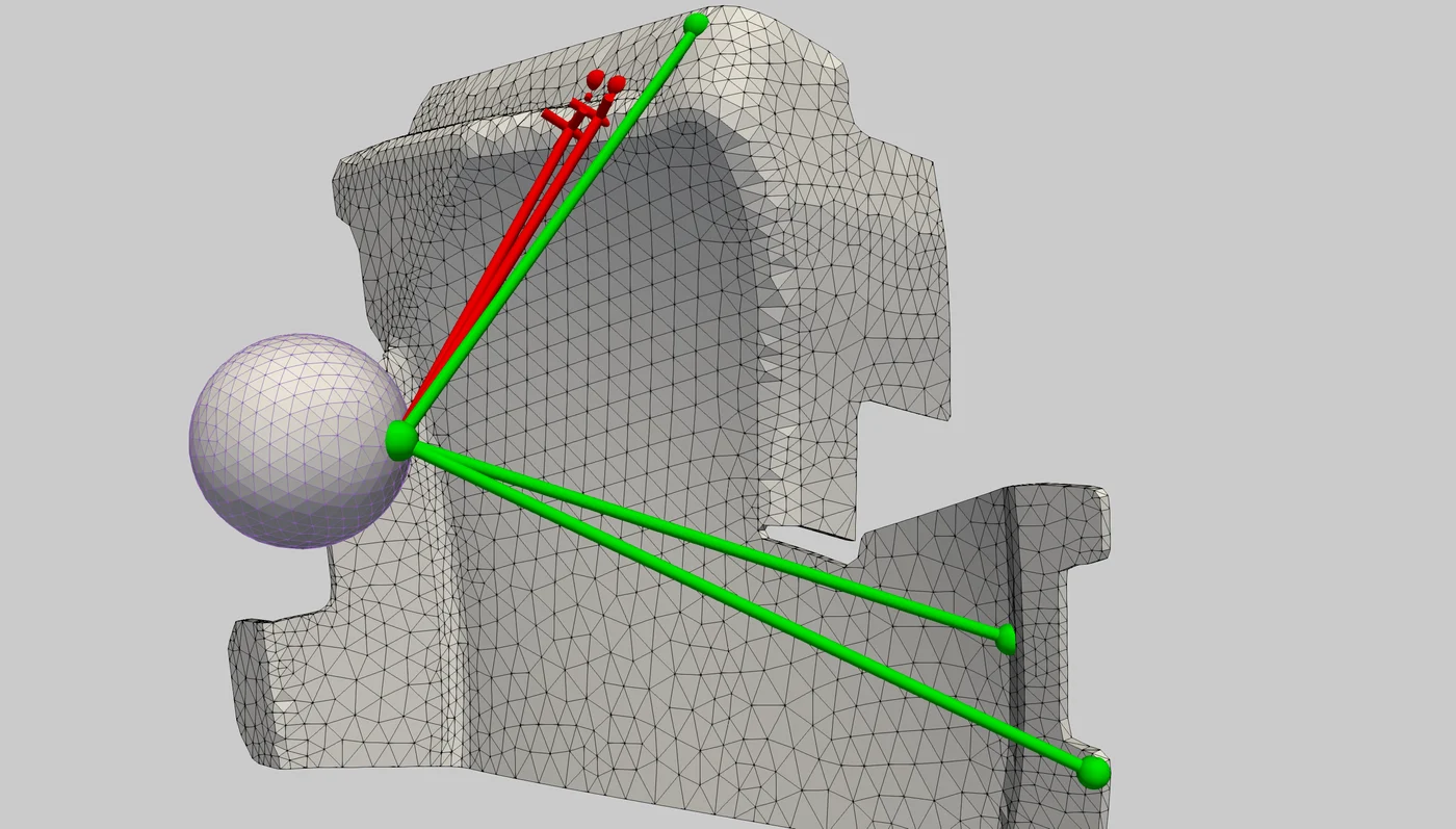 Triangulierte Testgeometrie mit sichtbaren und blockierten Strahlen